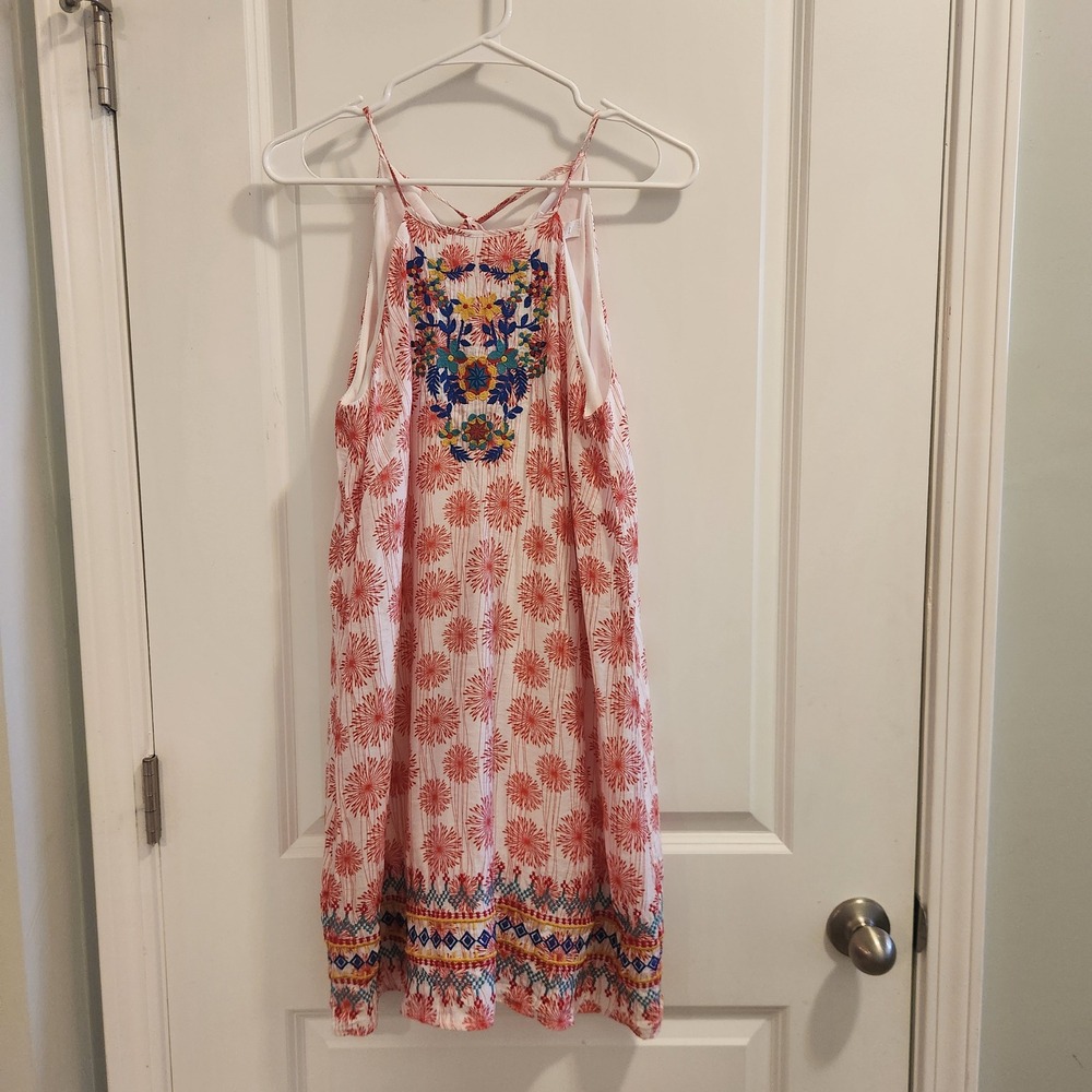 THML Women Red White Burst Print Embroidered Tassel Boho Shift Dress Medium